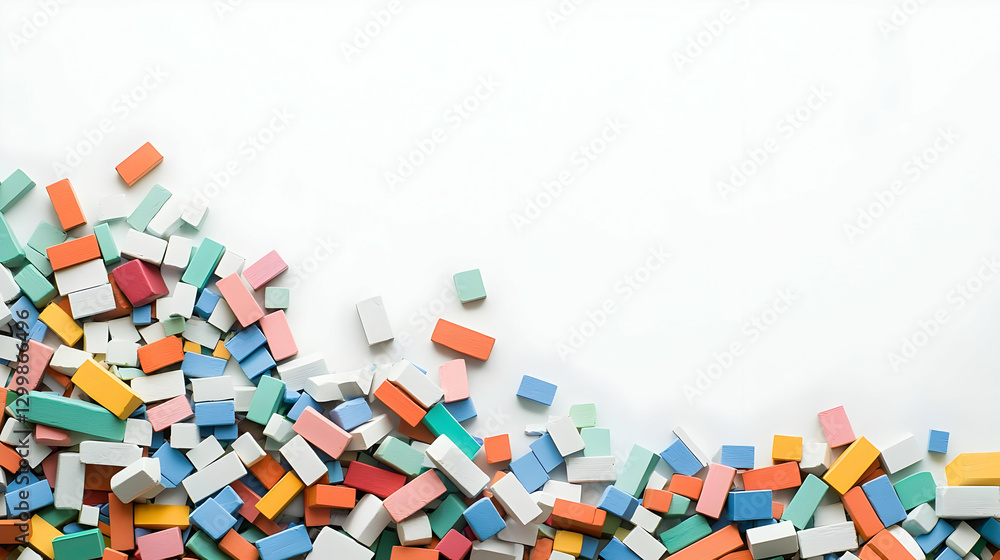 Poster colorful rectangular blocks scattered against white background in abstract arrangement