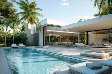 Fototapeta premium A tropical-inspired luxury mansion with a minimalist poolside lounge, palm trees, and a relaxing Zen garden.