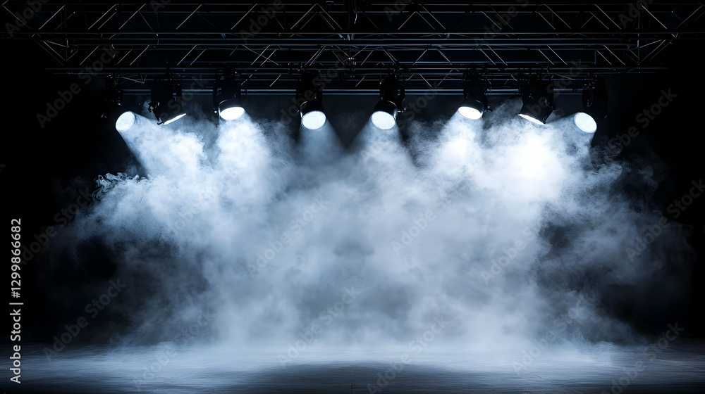 Poster empty stage with smoke and bright spotlights in dark background for event performance