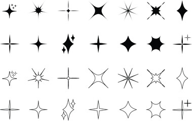 Futuristic sparkle star icons set. Abstract cool shine effect sign black flat, outline vectors. Flash symbols. Template for posters, banner, logo, business cards isolated on transparent background.