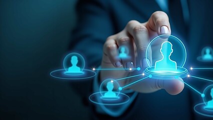 Human resource management technology (HR), Human resource manager touching human resource network structure and checks the CV online to choose the perfect employee for company, Effective