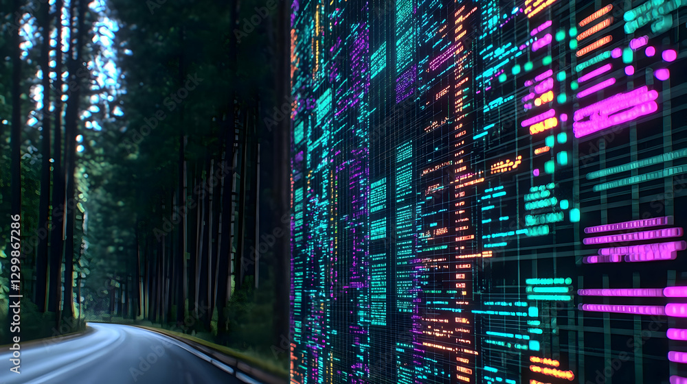 Aufkleber asphalt road through forest transitioning to digital data visualization displays