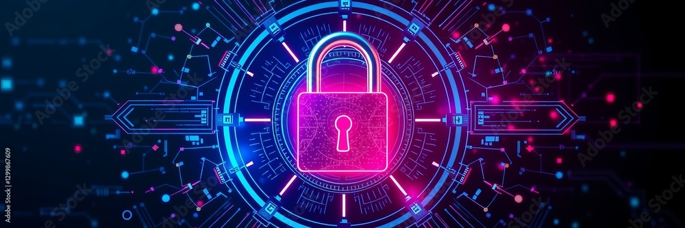 Poster close-up of a heavy duty lock securely fastened on an intricate circuit board with electrical compon