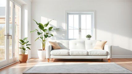 Fototapeta premium Cozy living room interior featuring a stylish couch, decorative plant, and warm ambiance for relaxation