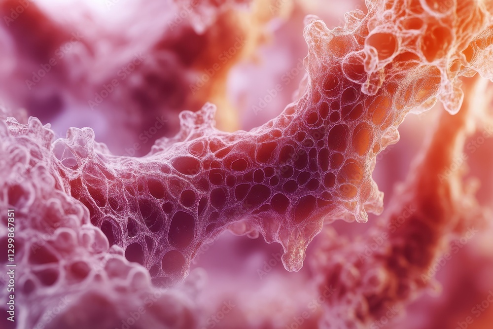 Poster abstract image of porous, interconnected structures. illustrates complex cellular networks or porous