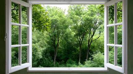 Open White Window Framing Lush Green Foliage Trees and Bright Daylight View