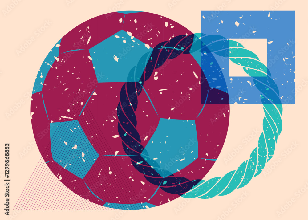 Poster risograph football ball with geometric shapes. objects in trendy riso graph print texture style desi