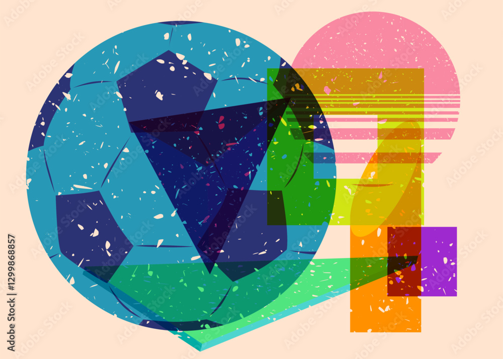 Poster risograph football ball with geometric shapes. objects in trendy riso graph print texture style desi