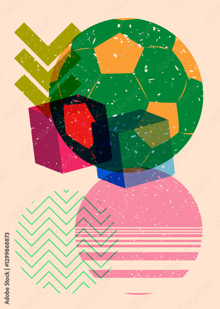 Poster risograph football ball with geometric shapes. objects in trendy riso graph print texture style desi