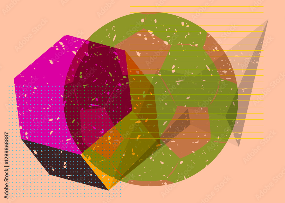 Poster risograph football ball with geometric shapes. objects in trendy riso graph print texture style desi