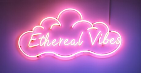 Neon sign ethereal vibes glowing celestial clouds soft light streaks otherworldly glow bright colorful realistic photo