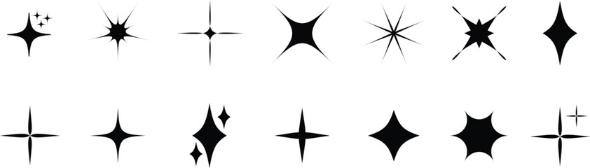 Futuristic sparkle star icons set. Abstract cool shine effect sign black flat vectors. Flash symbols. Template for posters, project, banner, logo and business cards isolated on transparent background.