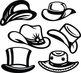 Premium quality various stylized hats or cap silhouette vector art, various stylized hats or cap line art vector illustration design set