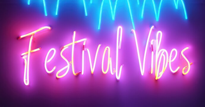 Neon sign festival vibes glowing stage lights pulsing vibrant music waves dynamic bright colors colorful realistic photo