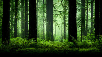 Obraz premium Lush Green Forest Scene with Tall Trees and Sunlight Filtering Through