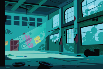 A decaying, graffiti-covered abandoned warehouse interior, scattered debris and broken windows; evokes urban decay.