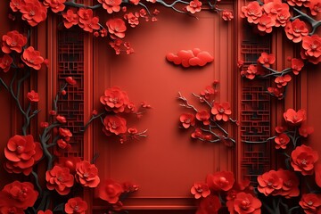 Red flowers frame ornate wall panel