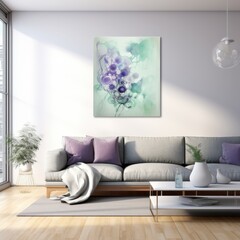 Abstract purple green art on sofa. Home decor, living room