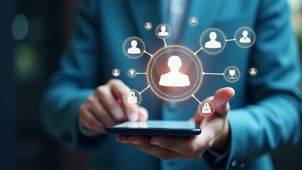 Human resource management technology (HR), Human resource manager touching human resource network structure and checks the CV online to choose the perfect employee for company, Effective