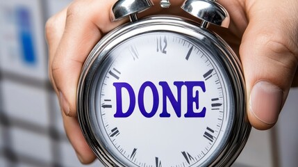 Close-Up of Hand Holding Classic Stopwatch Indicating Completion
