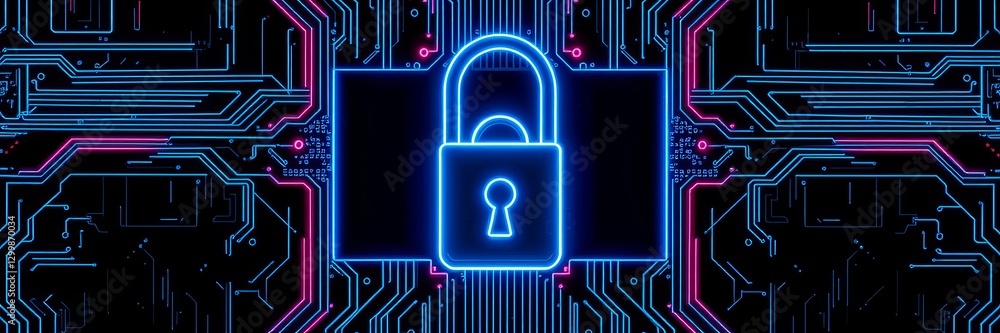 Poster close-up of a secure lock positioned on a complex circuit board highlighting technology and safety