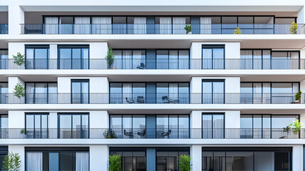 Obraz premium Modern Apartment Building Facade With White Walls Blue Glass Balconies And Lush Green Plants