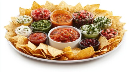 A platter of tortilla chips with various salsas and dips. Perfect for parties, gatherings, or a fun snack.
