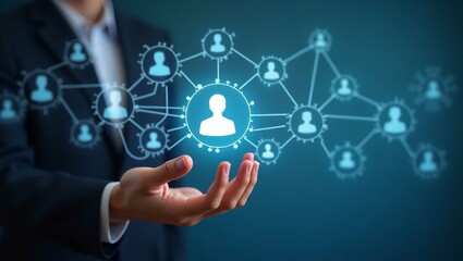 Human resource management technology (HR), Human resource manager touching human resource network structure and checks the CV online to choose the perfect employee for company, Effective