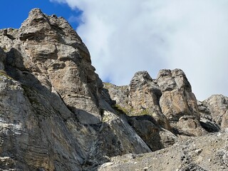 Rocks and stones above Lake Melchsee or Melch Lake and in the Uri Alps mountain massif, Melchtal - Canton of Obwalden, Switzerland (Kanton Obwald, Schweiz)