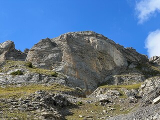 Rocks and stones above Lake Melchsee or Melch Lake and in the Uri Alps mountain massif, Melchtal - Canton of Obwalden, Switzerland (Kanton Obwald, Schweiz)