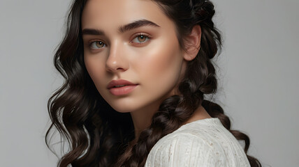 Fototapeta premium a portrait of a beautiful woman with long wavy brown hair and stunning eyes looking directly at the camera, wearing an elegant white dress 