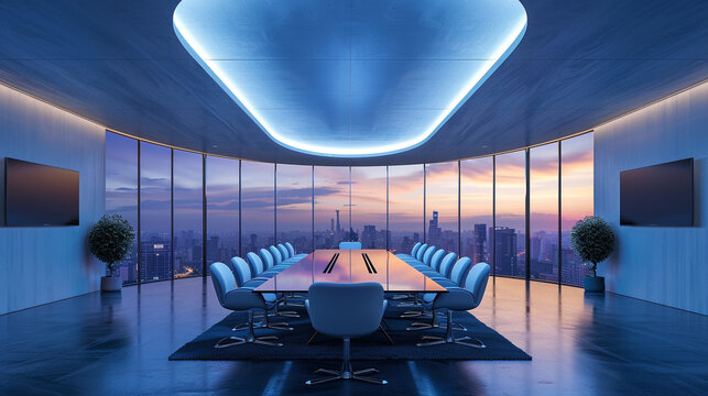 Clean 3D mockup of a corporate meeting presentation screen.
