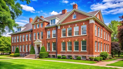 Obraz premium Classic American school building with red brick exterior and large windows, surrounded by lush greenery, outdoor space, school building