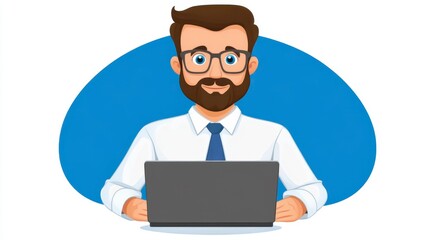 Young Professional with Beard Working on Laptop Illustration
