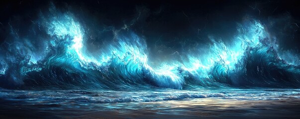 Fototapeta premium A dramatic seascape showcasing powerful, illuminated waves crashing against the shore in a vivid blue and dark backdrop.