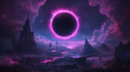 Distant ethereal ring hovers in the night sky, above jagged dark landscape