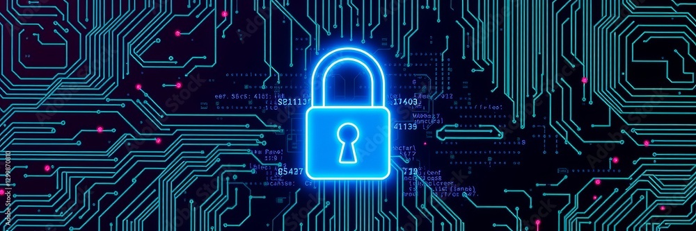 Poster close-up of a padlock positioned on a circuit board illustrating technology and security concepts