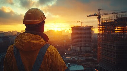 Fototapeta premium Construction Worker Overlooking City at Sunset