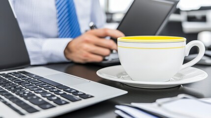 Stylish Office Setup with Coffee Cup and Laptop on Desk