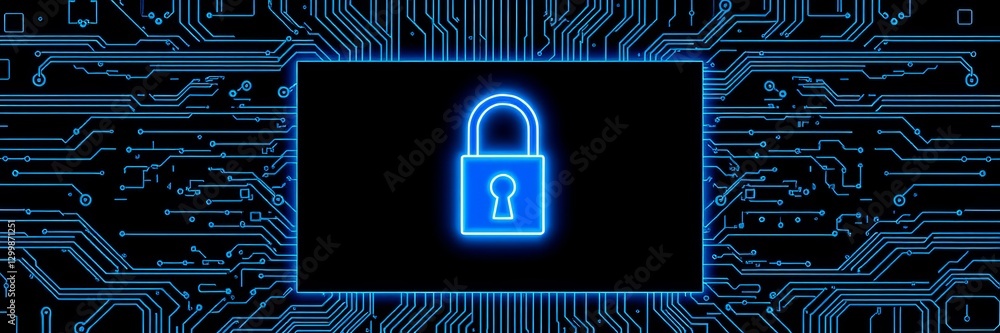 Poster padlock securely fastened on a complex electronic circuit board representing data protection