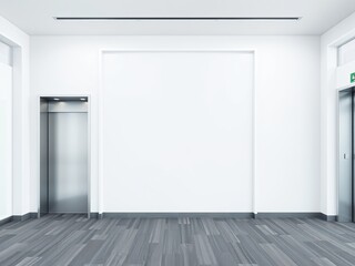 Fototapeta premium Minimalist empty office space with bright white walls and contrasting black door for professional use
