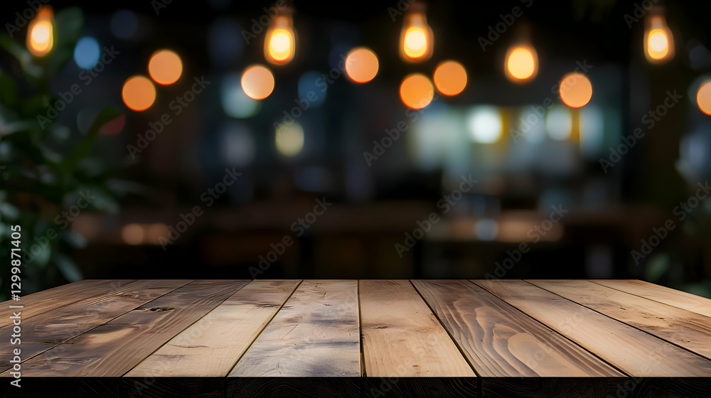 Poster empty wooden table surface with blurred warm bokeh lights background