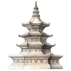 A hand-drawn digital artwork of an ancient Buddhist stupa, carefully detailed with ornamental elements and a tiered base, transparent background, PNG