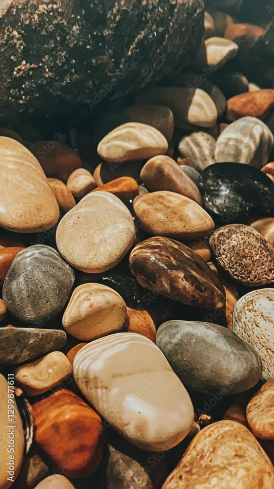 Poster various smooth stones displaying natural colors and textures in a close-up view on the ground