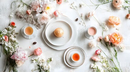 An elegant floral arrangement with tea and pastries on a surface