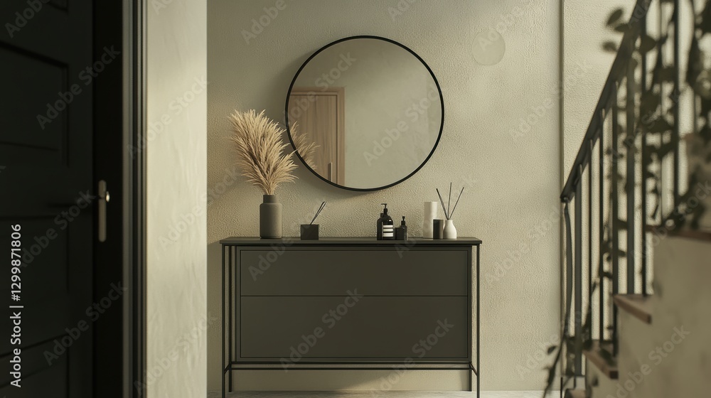 Poster minimalist entryway with round mirror and console table