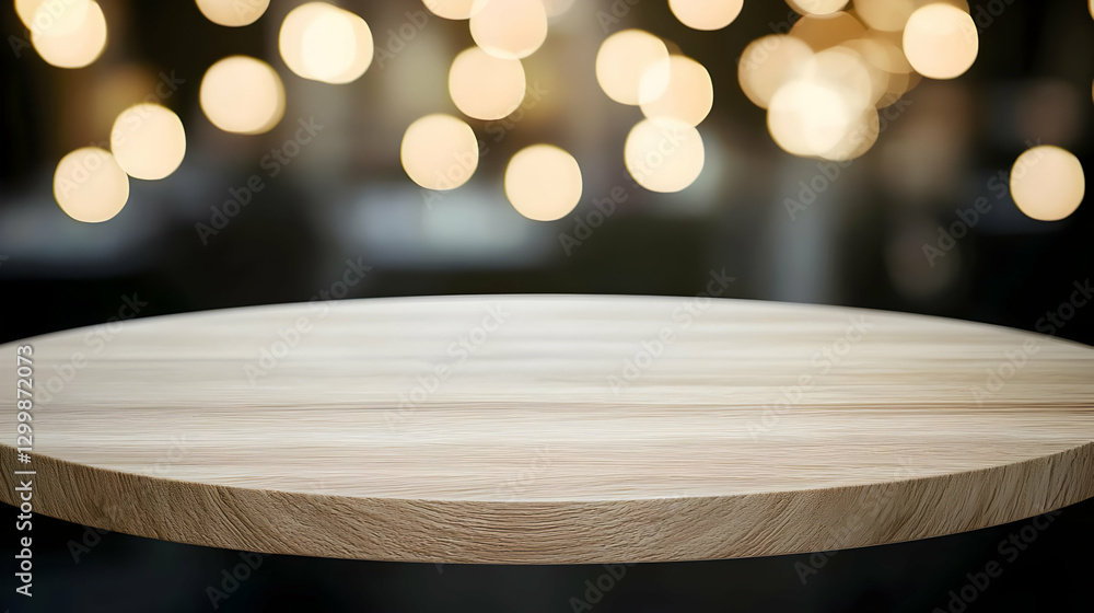 Poster empty wooden table surface with bokeh lights on dark blurred background for product display