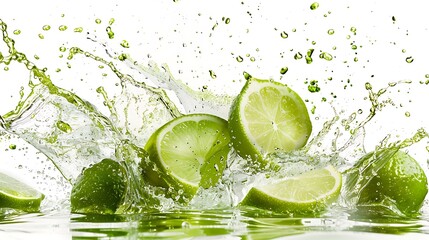 A refreshing burst of lime juice, splashing dynamically against a white background.