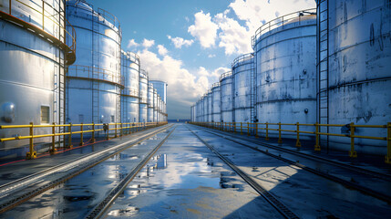 Fototapeta premium Industrial Steel Silos and Rail Tracks Under Blue Cloudy Sky Perspective View for Transportation