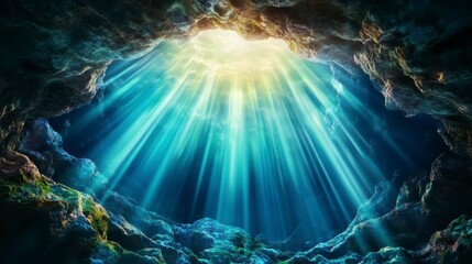 Fototapeta premium Light Rays Illuminating Underwater Cave with Vibrant Blue Water